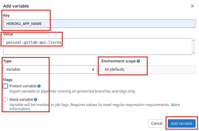 Diálogo Add variable com a chave HEROKU_APP_NAME e o nome do app Heroku como valor