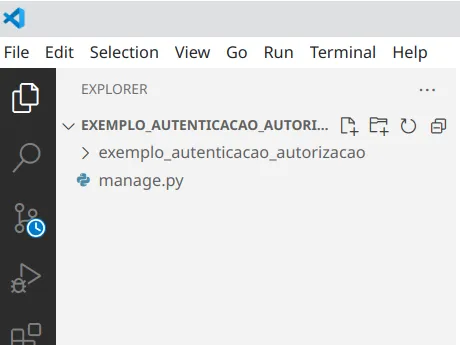 Explorer do VS Code com o projeto EXEMPLO_AUTENTICACAO_AUTORIZACAO contendo a pasta exemplo_autenticacao_autorizacao e o arquivo manage.py