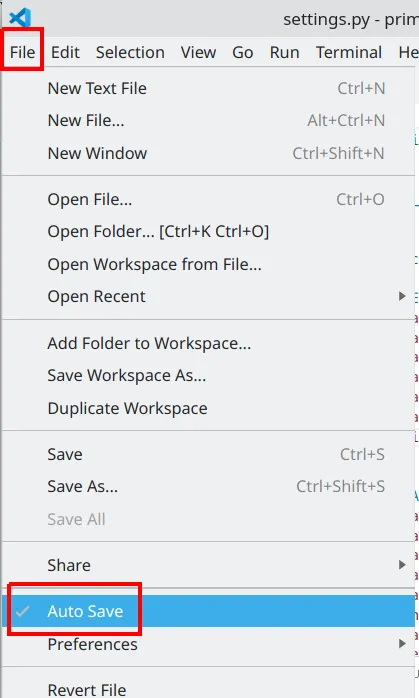 Menu File do VS Code com a opção Auto Save em destaque