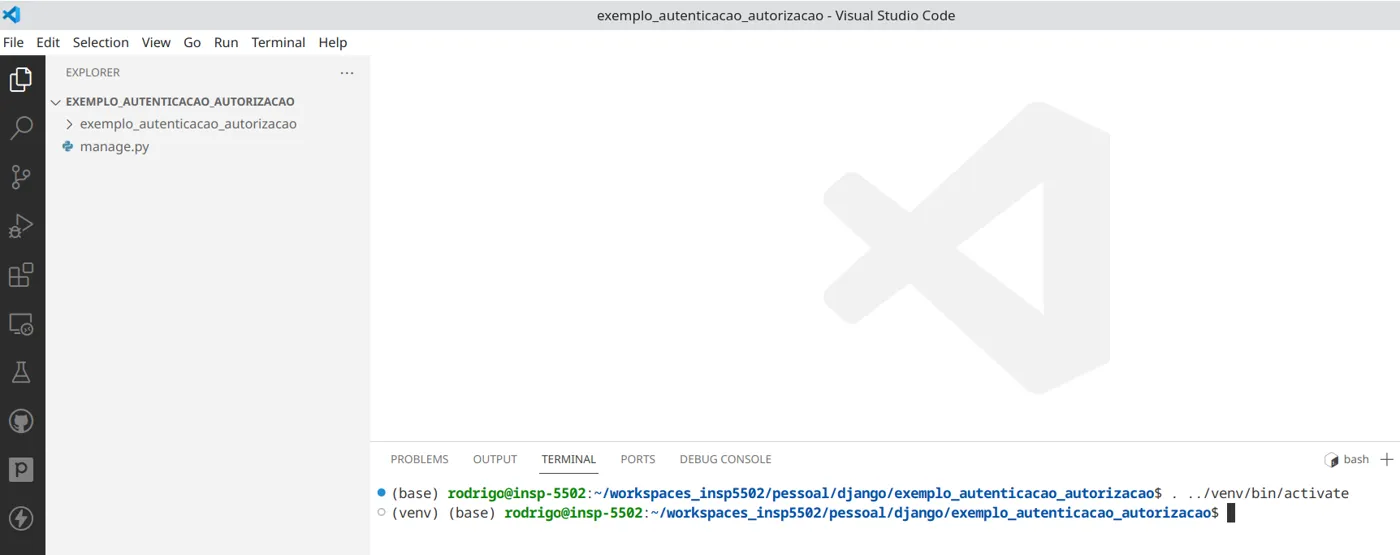 Terminal interno do VS Code com o ambiente virtual ativado