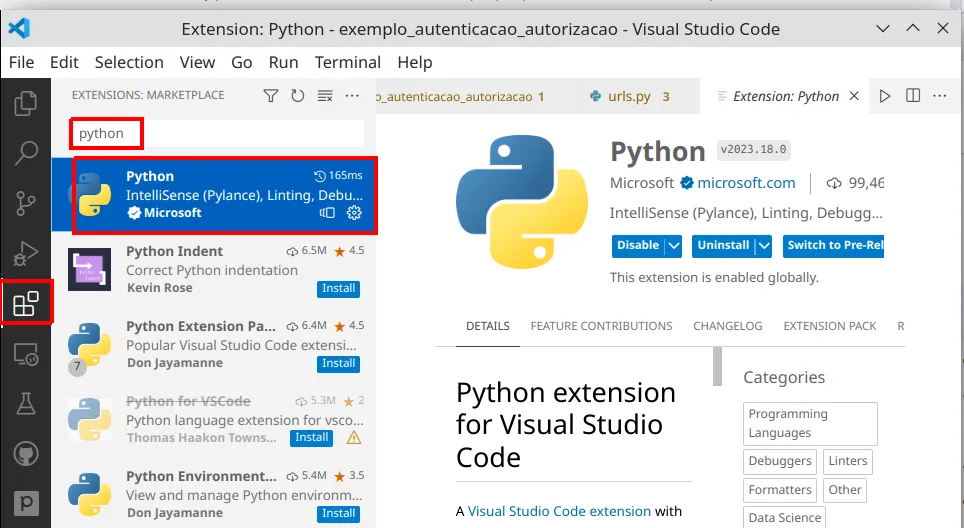 Aba de extensões do VS Code com a extensão Python da Microsoft selecionada