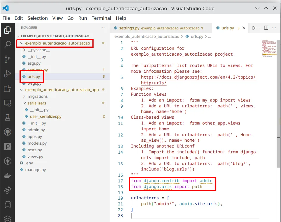 Arquivo urls.py do projeto aberto no VS Code com os imports do Django sublinhados em amarelo
