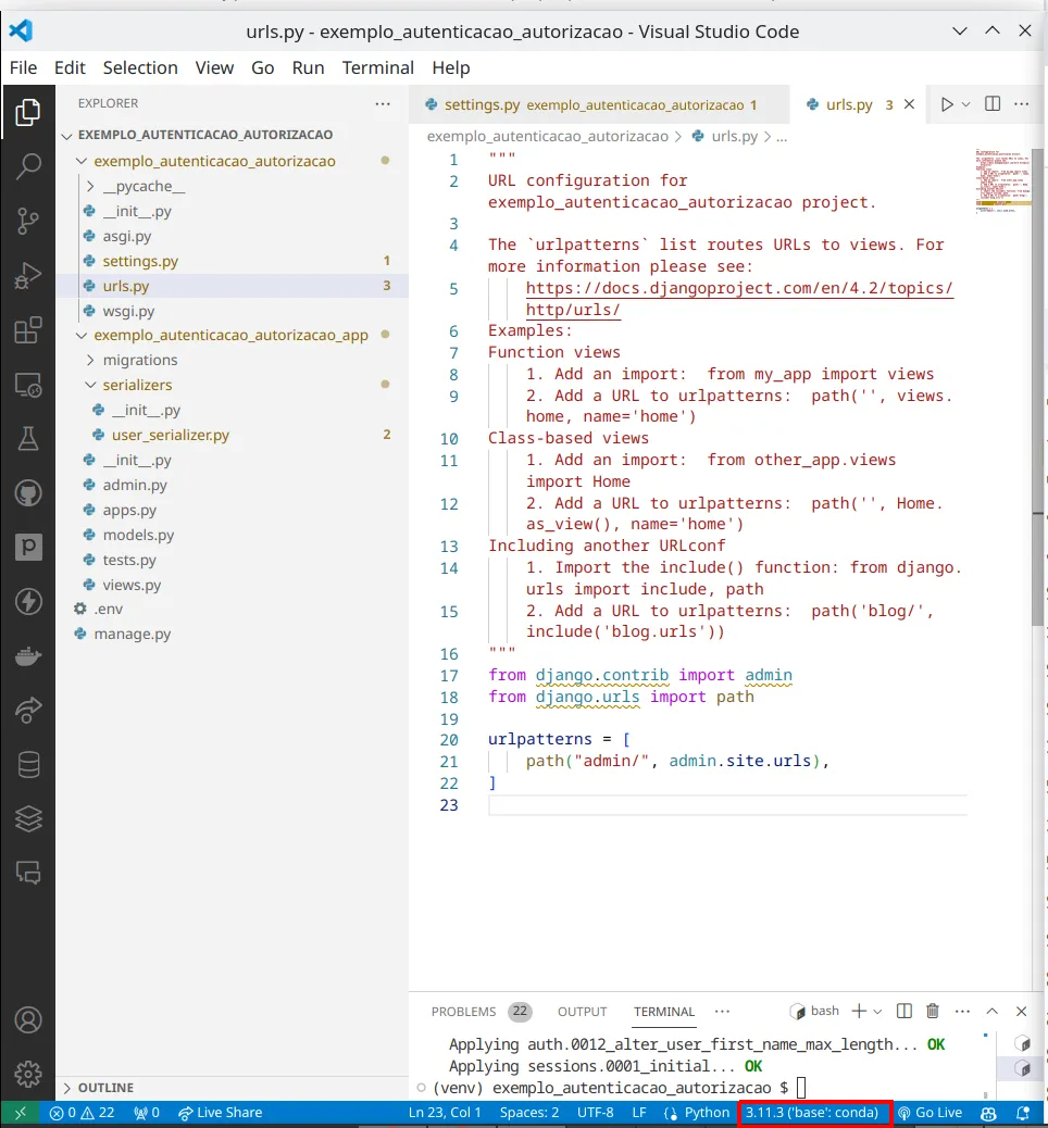 VS Code com a versão do Python destacada na barra de status inferior