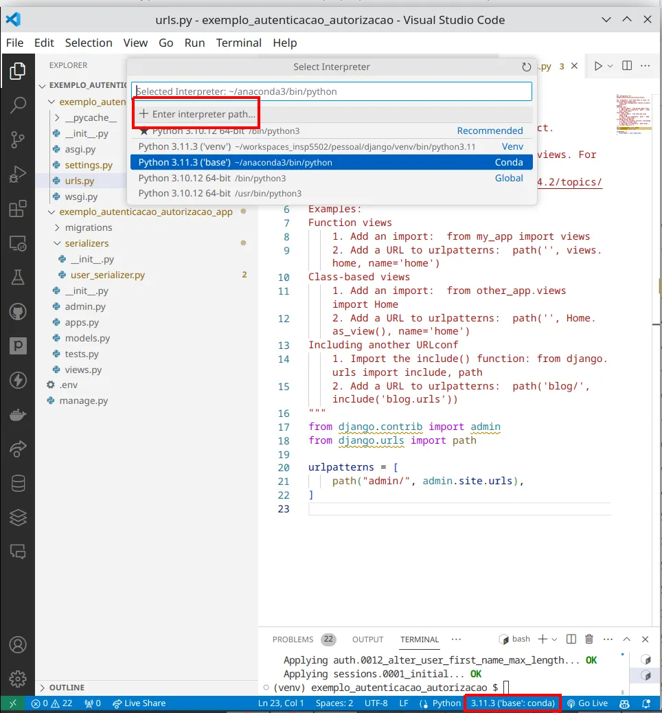 Lista "Select Interpreter" aberta com a opção Enter interpreter path em destaque