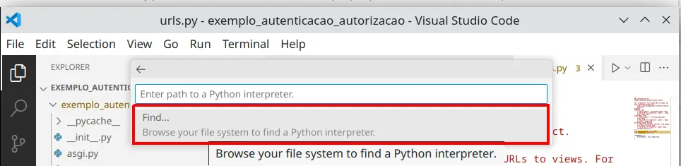 Campo "Enter path to a Python interpreter" com a opção Find... em destaque