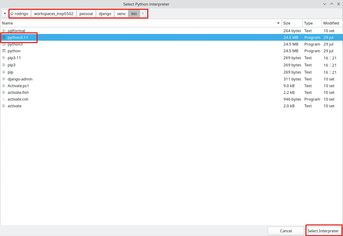 Janela "Select Python Interpreter" navegando até venv/bin, com python3.11 selecionado e o botão Select Interpreter em destaque