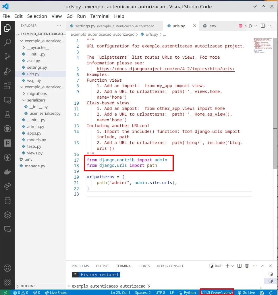 VS Code com o interpretador do venv na barra de status e os imports sem sublinhado