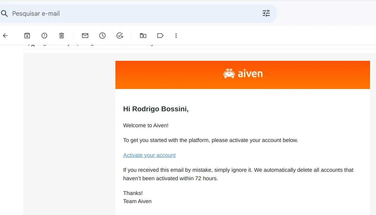 E-mail de boas-vindas do Aiven com o link Activate your account