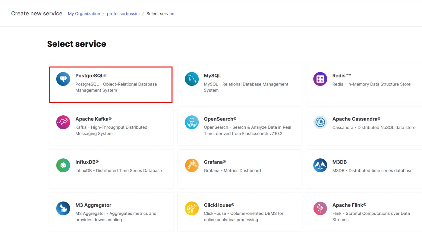 Tela "Select service" do Aiven com a opção PostgreSQL em destaque