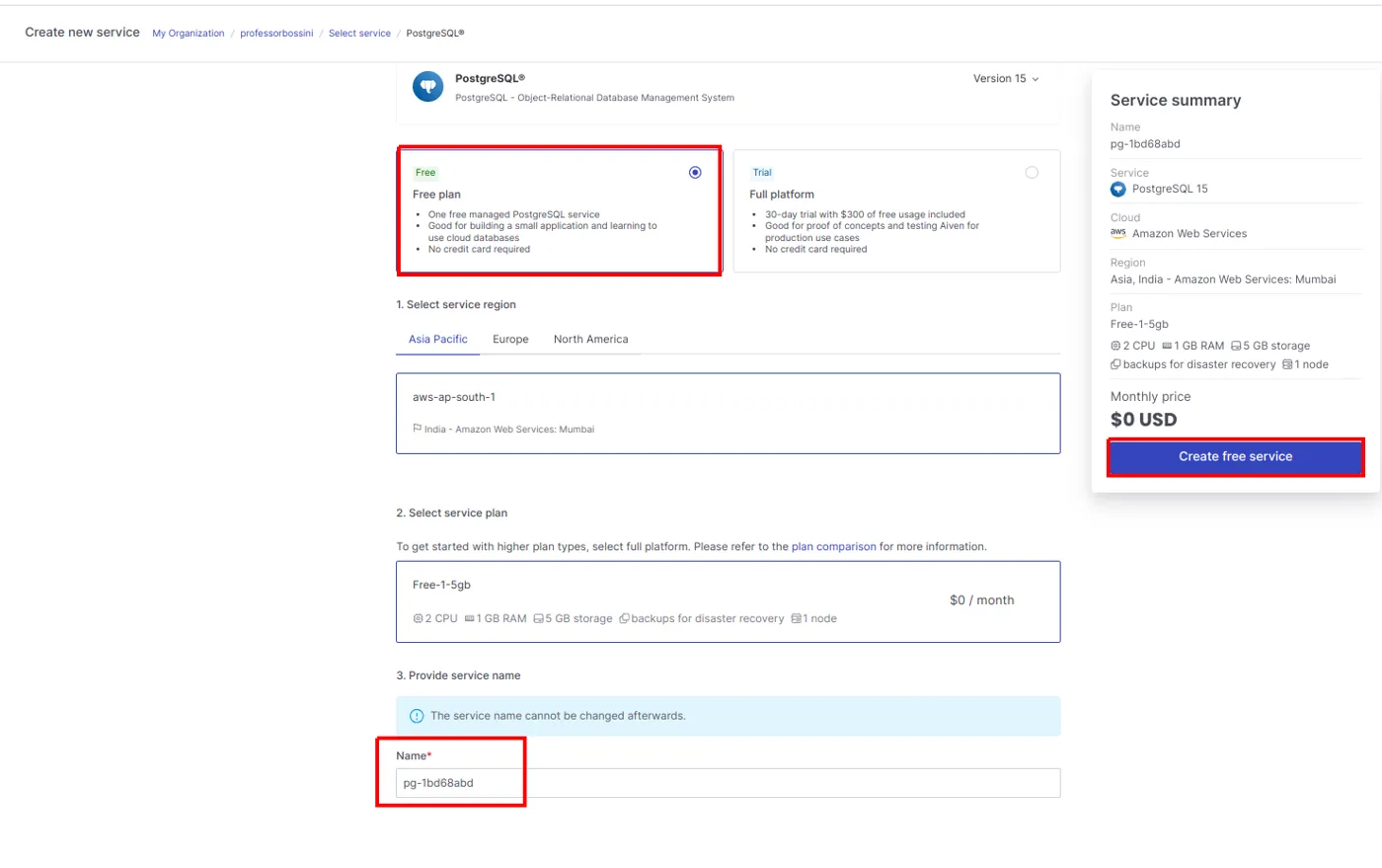 Tela de criação do serviço PostgreSQL com o plano Free e o botão de criar em destaque
