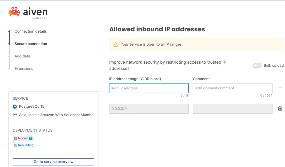 Tela "Allowed inbound IP addresses" do Aiven com o botão Next