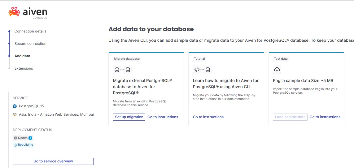Tela "Add data to your database" do Aiven com o botão Next