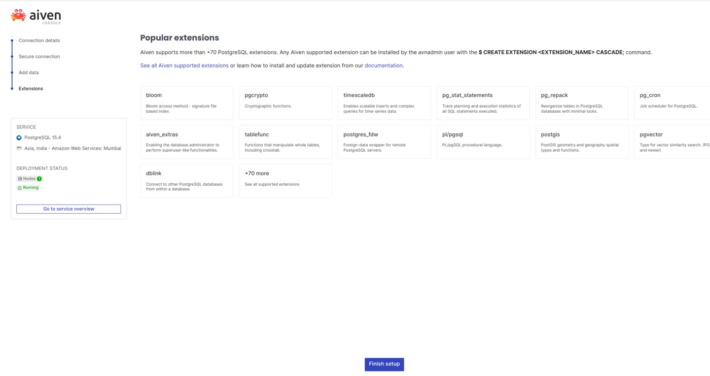 Tela de extensões do PostgreSQL no Aiven