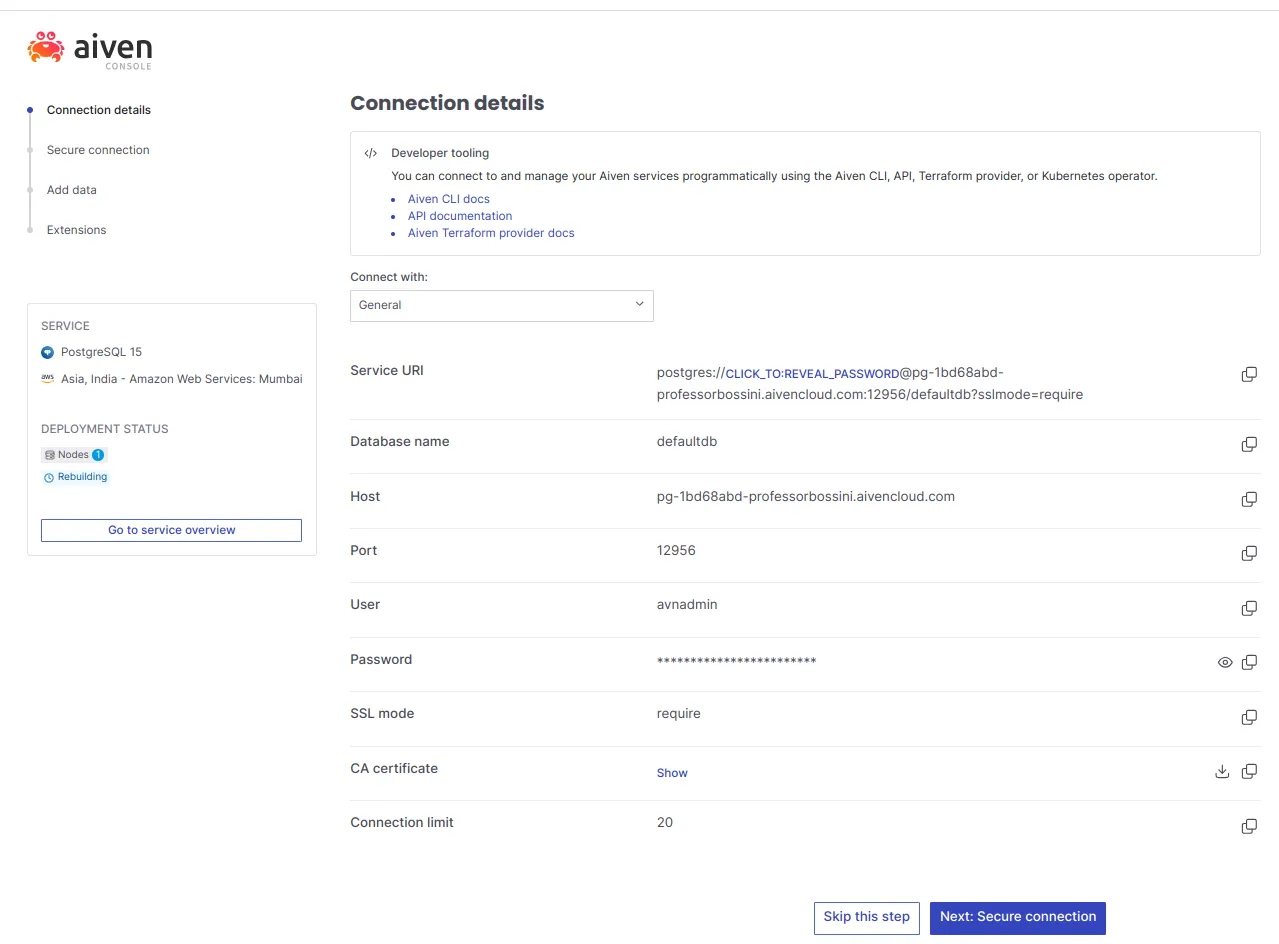 Tela Overview do serviço no Aiven com os dados de conexão: host, porta, usuário, senha e nome do banco