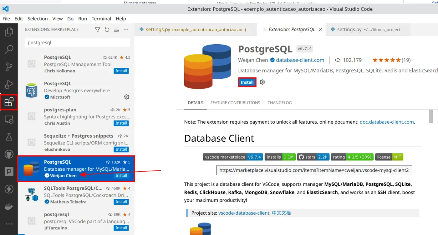 Página da extensão Database Client (MySQL, PostgreSQL e outros bancos) no VS Code