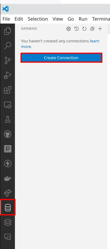 Painel da extensão Database com o botão de criar conexão em destaque
