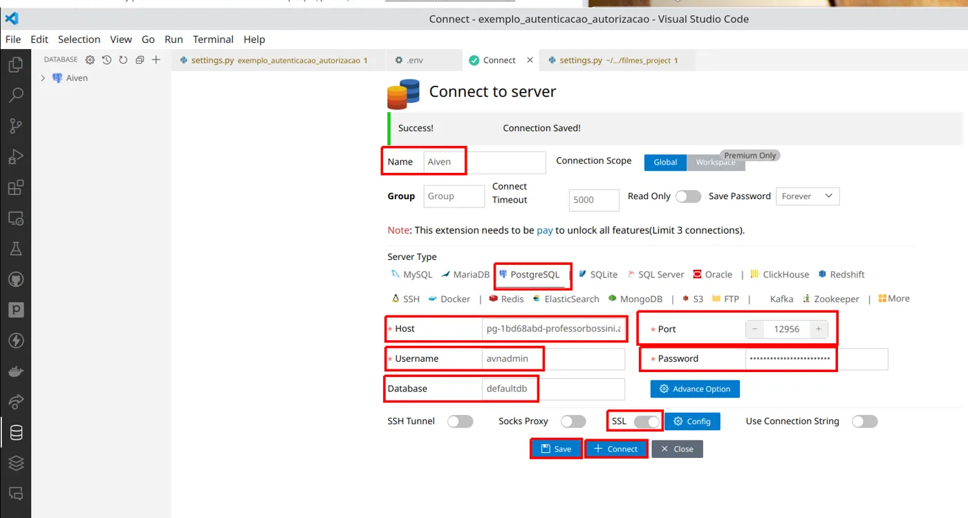 Formulário de conexão com o tipo PostgreSQL e os campos de host, porta, usuário, senha e banco preenchidos, com o botão Save em destaque