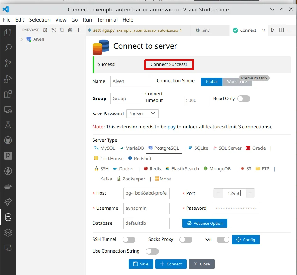 Formulário de conexão com a mensagem Connect success