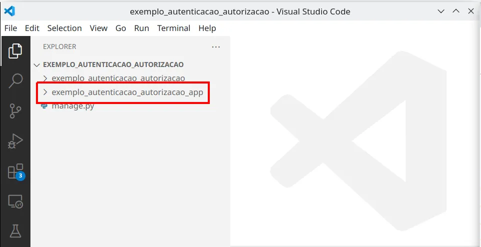 Explorer do VS Code com a nova pasta exemplo_autenticacao_autorizacao_app em destaque