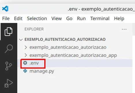 Explorer do VS Code com o arquivo .env na raiz do projeto, ao lado de manage.py