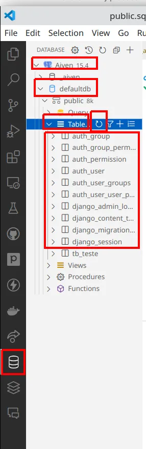 Extensão Database do VS Code listando as tabelas criadas pelo Django, como auth_user, auth_group e django_migrations