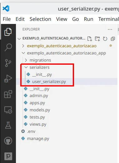 Explorer do VS Code com a pasta serializers contendo __init__.py e user_serializer.py em destaque