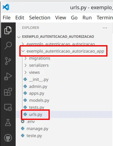 Explorer do VS Code com o arquivo urls.py dentro da pasta da aplicação em destaque