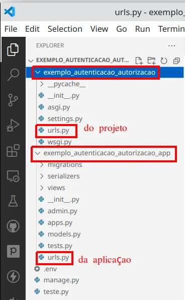 Explorer do VS Code com o urls.py da pasta do projeto em destaque
