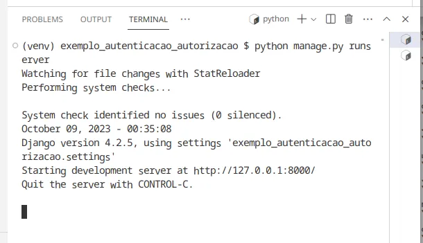 Terminal com o servidor Django em execução em http://127.0.0.1:8000/
