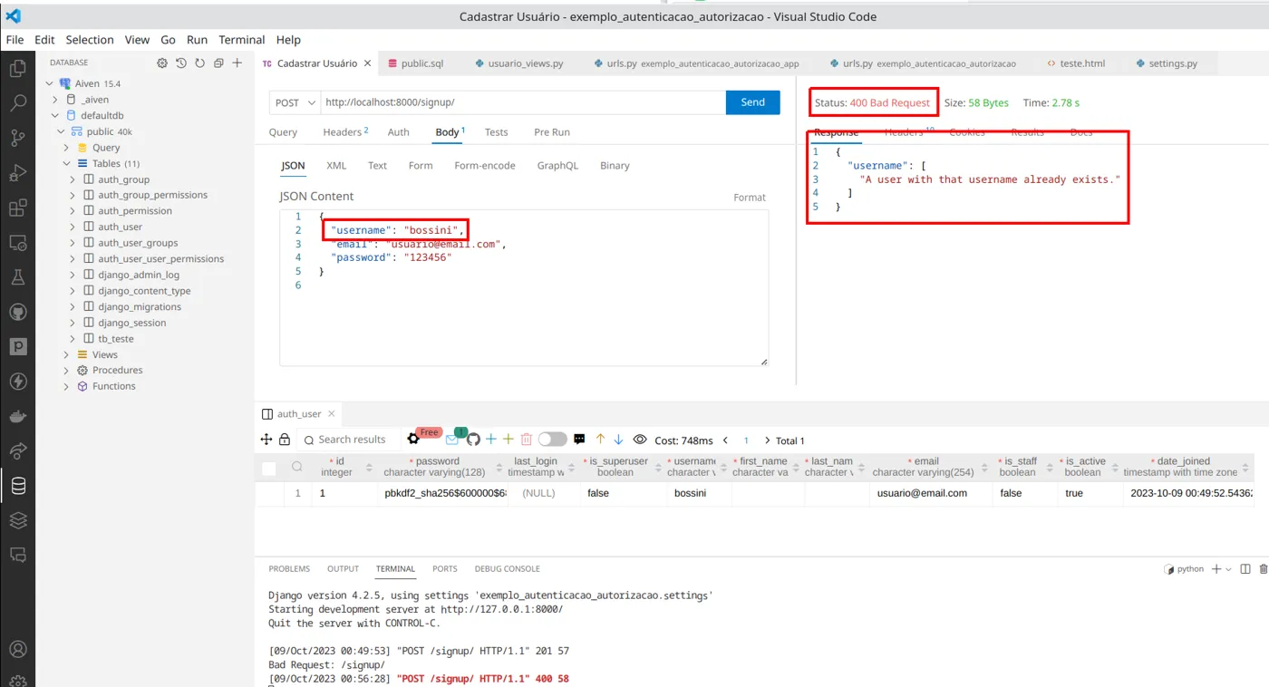 Thunder Client com resposta 400 Bad Request e a mensagem "A user with that username already exists."