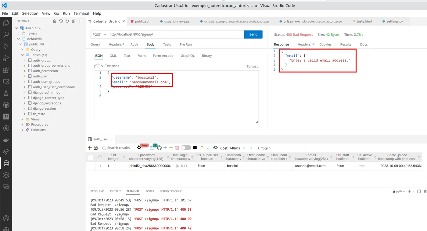 Thunder Client com resposta 400 Bad Request e a mensagem "Enter a valid email address."
