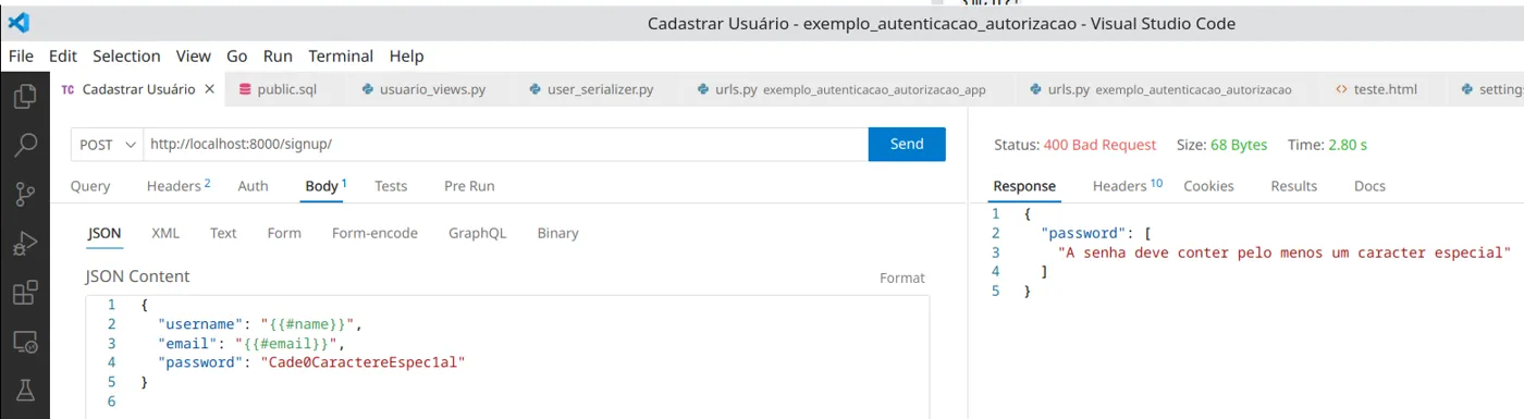 Thunder Client com senha sem caractere especial e a resposta 400 "A senha deve conter pelo menos um caracter especial"