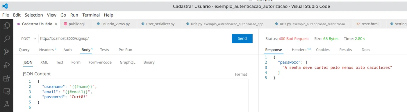 Thunder Client com senha curta e a resposta 400 "A senha deve conter pelo menos oito caracteres"