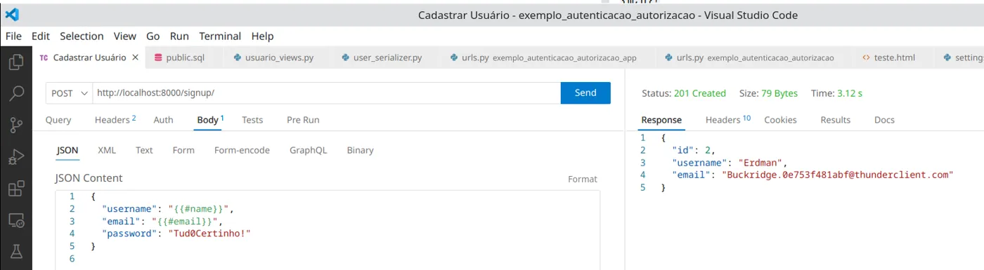 Thunder Client com uma senha válida e a resposta 201 Created com o usuário cadastrado
