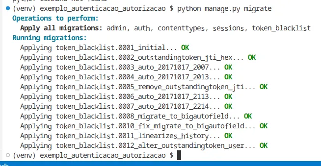 Saída do migrate aplicando as migrações do token_blacklist com OK