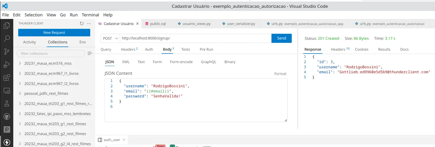 Thunder Client com POST para localhost:8000/signup/ e a resposta 201 Created do novo usuário