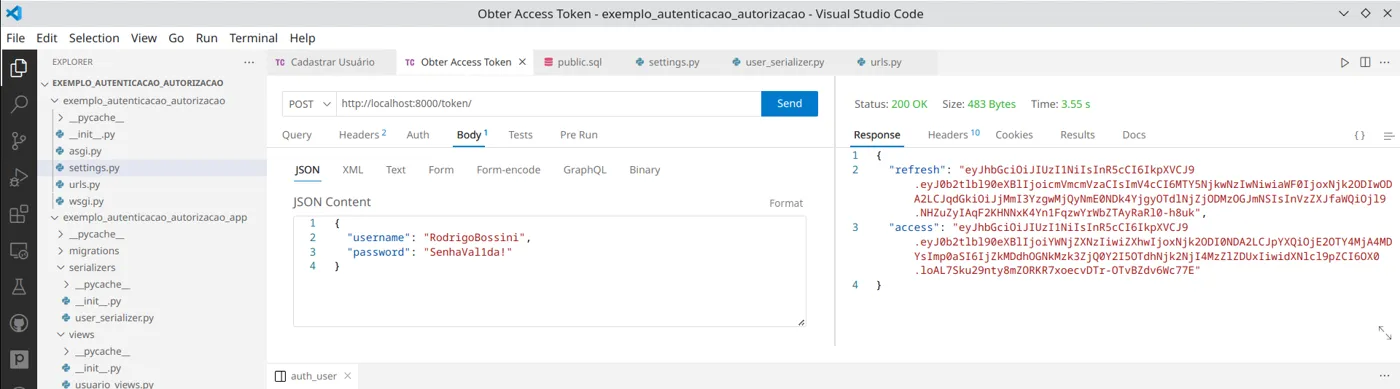 Thunder Client com POST para localhost:8000/token/, corpo com username e password e resposta contendo refresh e access
