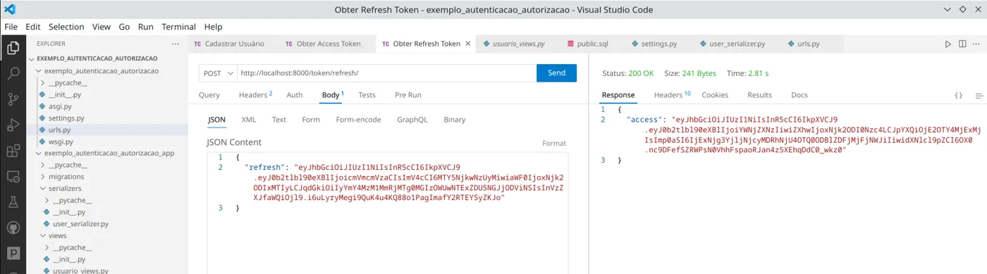 Thunder Client com POST para localhost:8000/token/refresh/, corpo com o refresh token e resposta contendo um novo access token