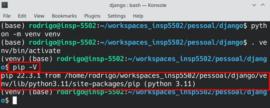 Terminal com os comandos python -m venv venv, . venv/bin/activate e pip -V, cuja saída mostra o pip dentro da pasta venv