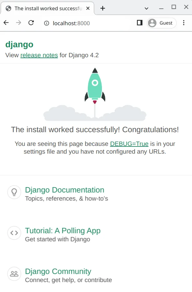 Página padrão do Django com o foguete e a mensagem "The install worked successfully! Congratulations!"