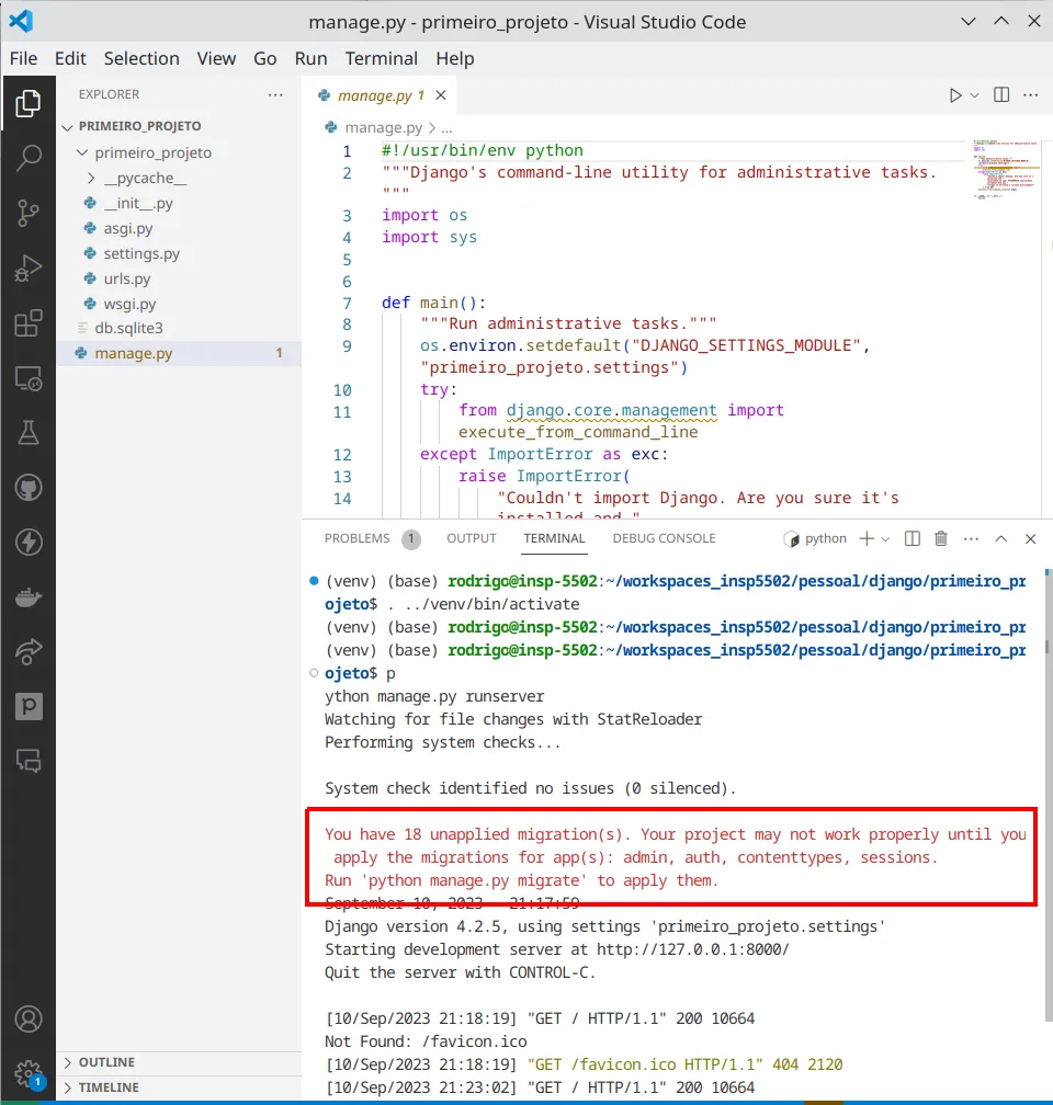 Terminal do VS Code com o servidor em execução e, em destaque, a mensagem "You have 18 unapplied migration(s)... Run 'python manage.py migrate' to apply them."