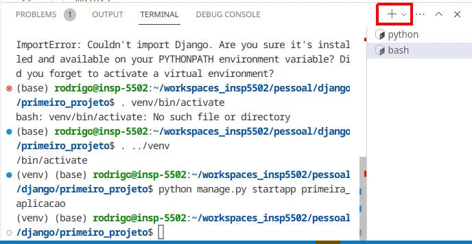 Painel do terminal do VS Code com o botão + para abrir um novo terminal em destaque