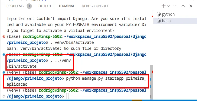 Novo terminal com a ativação do ambiente virtual e o comando python manage.py startapp primeira_aplicacao em destaque