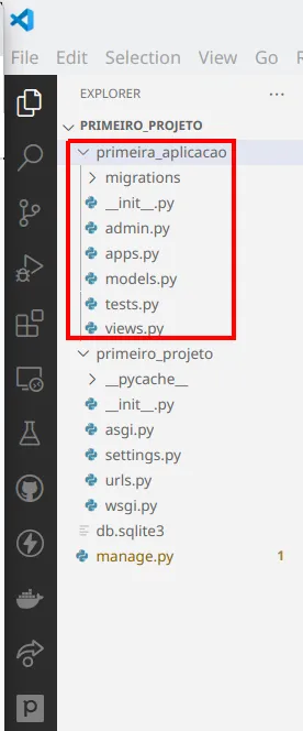 Explorer do VS Code com a nova pasta primeira_aplicacao contendo migrations, __init__.py, admin.py, apps.py, models.py, tests.py e views.py