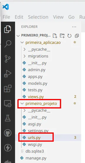 Explorer do VS Code com primeira_aplicacao/views.py e primeiro_projeto/urls.py em destaque