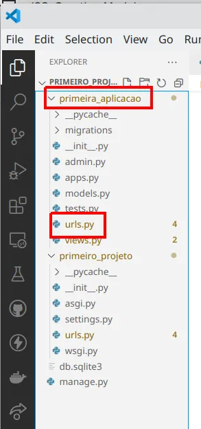 Explorer do VS Code com o novo arquivo urls.py dentro de primeira_aplicacao em destaque