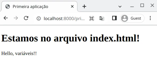 Navegador exibindo o título "Estamos no arquivo index.html!" e o parágrafo "Hello, variáveis!!"