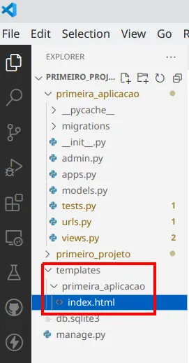 Explorer do VS Code com templates/primeira_aplicacao/index.html em destaque