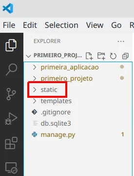 Explorer do VS Code com a pasta static na raiz do projeto em destaque