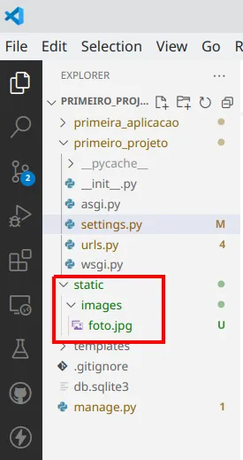 Explorer do VS Code com static/images/foto.jpg em destaque